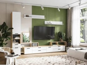 Модульная стенка Санса (дуб сонома/белый) в Легостаево - legostaevo.mebel-nsk.ru | фото